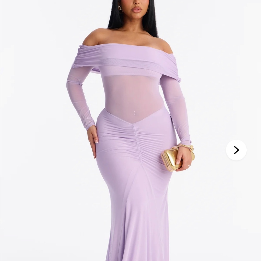 Fashion Nova Off-Shoulder Lavender Mesh Maxi Dress